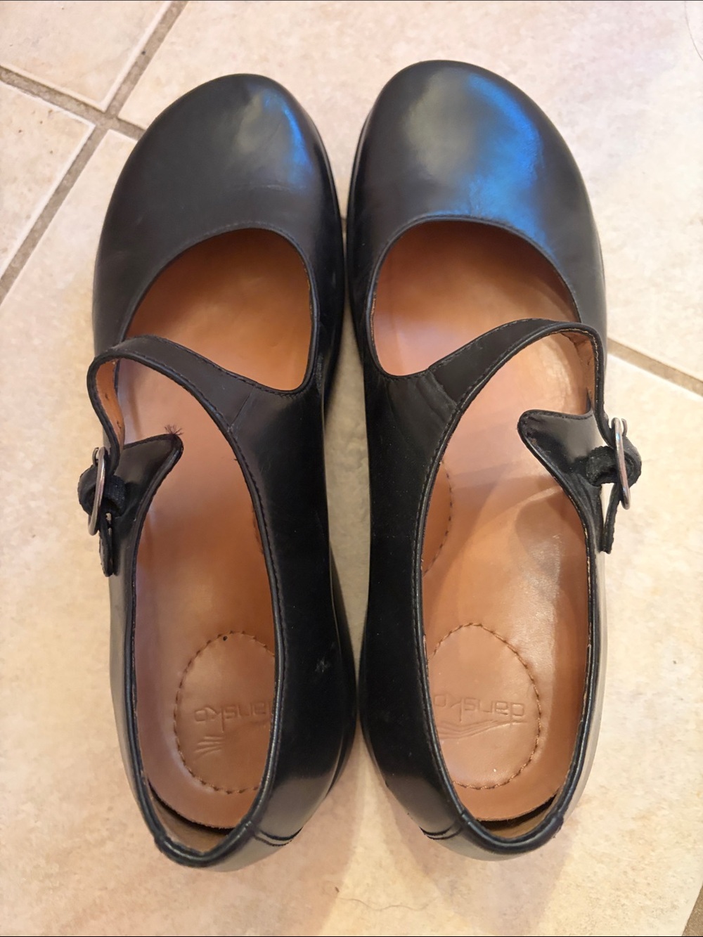 Dansko Black Leather Mary Jane Flats with Single Strap